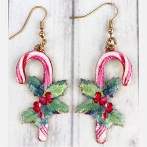 Sparkle Candy Cane & Holly Christmas Earrings